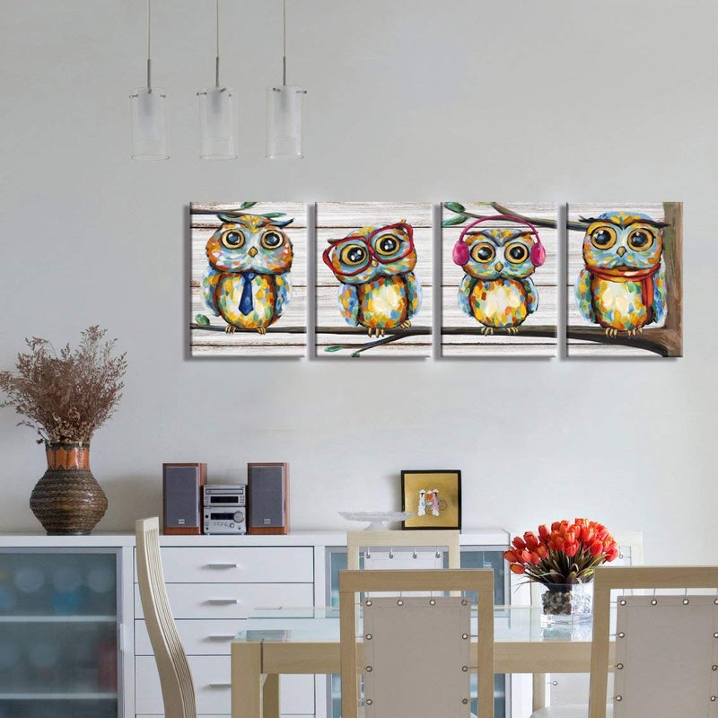 Visual Art Decor 4 Pieces Happy Owl Family Canvas Prints Animal Painting Wall Decor Dad Mom and Kids Canvas Prints Wall Art Decor for Modern Home Child Bedroom Nursery Decoration 12x16inchx4Pieces - Image 4